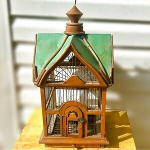 Vintage French Birdcage - Wood & Wire Green Metal Gabled Tin Roof Patina